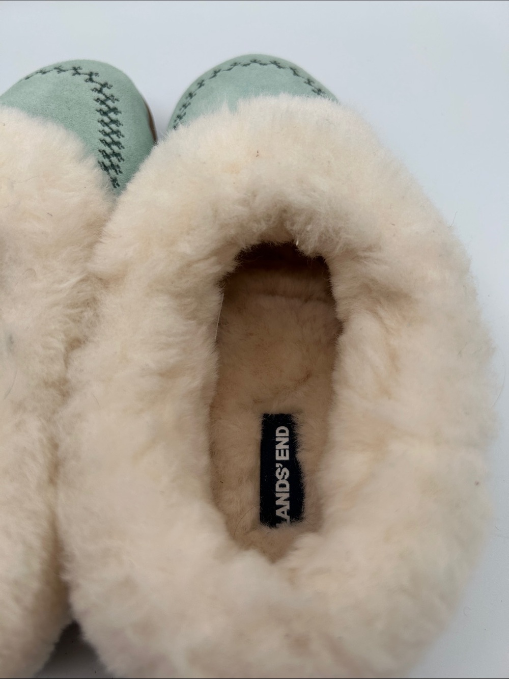Lands End Mint Green Suede Embroidery Details Moccasin Slip On Shearling Lining - Picture 9 of 14